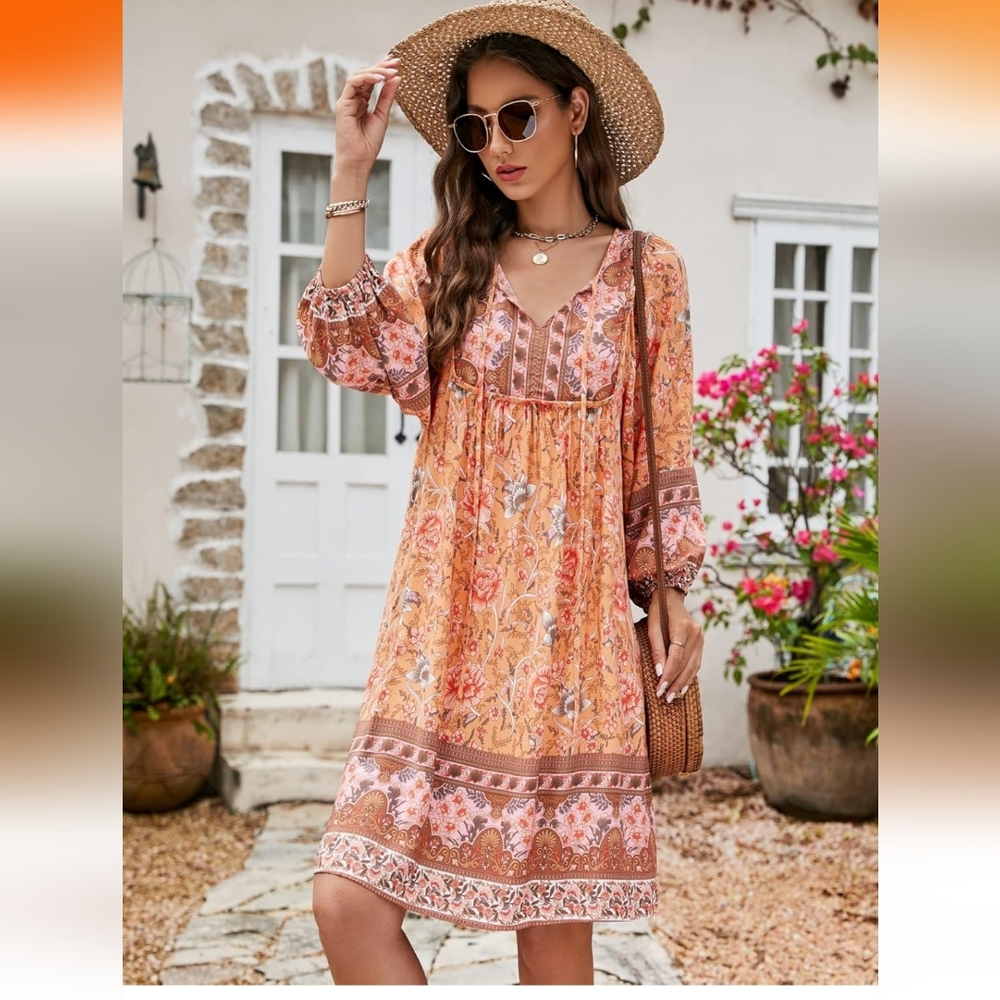 Women's 🍑 Peachy Orange Floral Notched Tie Neck Boho Peasant Dress-2XL